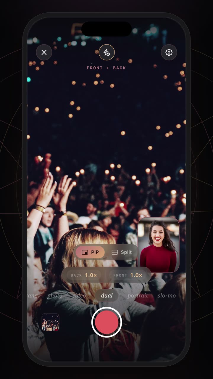 Dual Capture recording the front and back cameras at once, saved straight into the vault